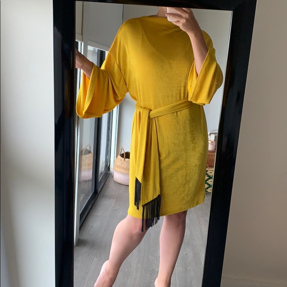 ASOS yellow gold long sleeve dress w/ tassel belt